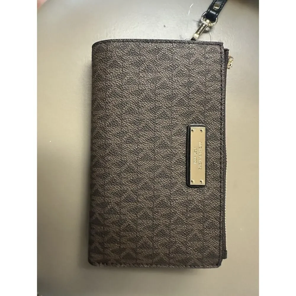 Michael Kors Jet Set East West Phone Wristlet Brown Signature Gold Plate NWT